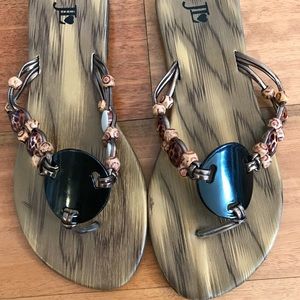 Brown & black beaded flip flops
